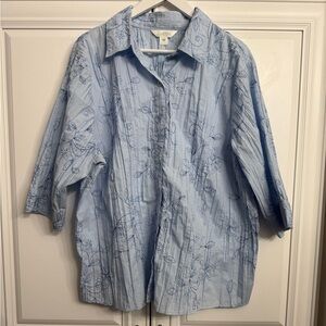 Tradition Plus Size 18W Blue Button-Up Shirt 3/4 Sleeves Crinkle Cotton Blend